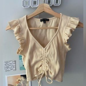 Miou Muse Cropped Ruffle Cinch Beige Top